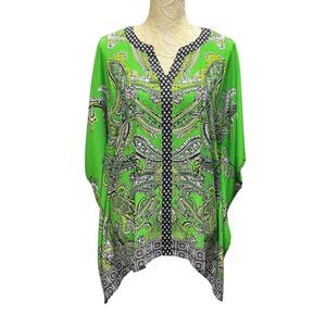 Susan Graver Liquid Knit Paisley Kaftan Tunic Lime Green White Black M